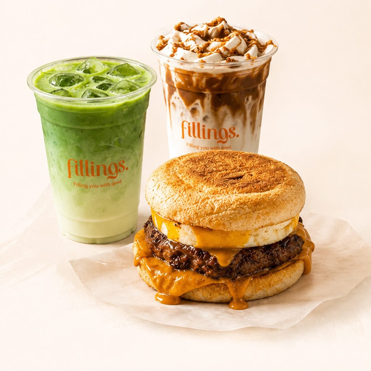 Fillings iced matcha, Biscoff iced latte with whipped cream, and a toasted egg muffin with beef patty and melted cheese
