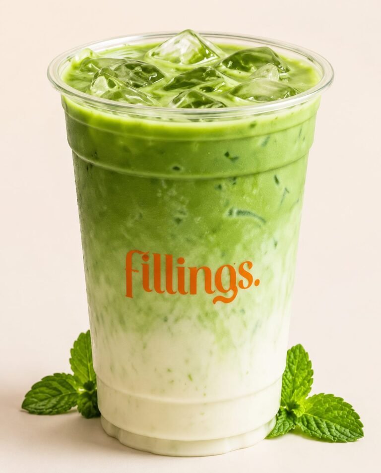 Fillings iced matcha latte in a branded cup with layered milk and fresh mint