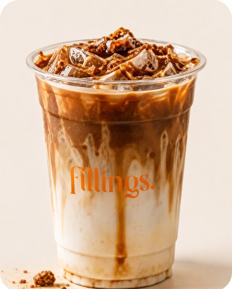 Fillings Spanish iced latte with caramel drizzle over layered milk and espresso