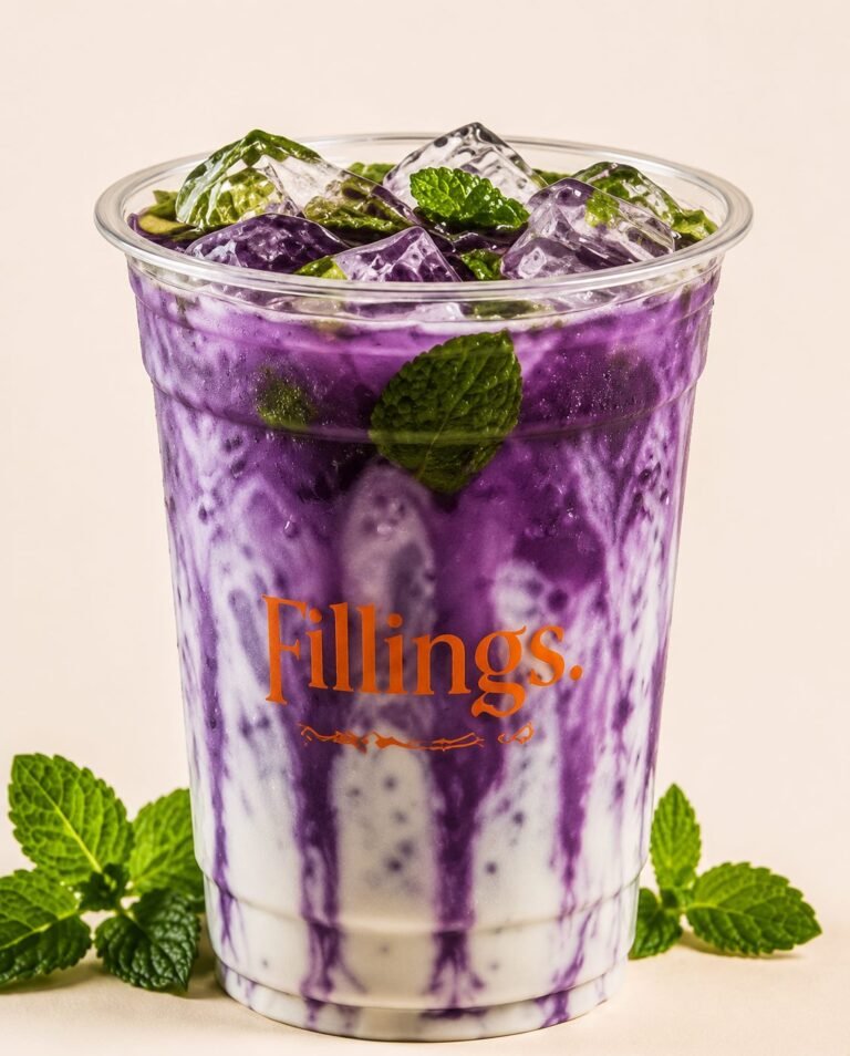 Fillings iced ube Spanish latte in a branded cup with fresh mint