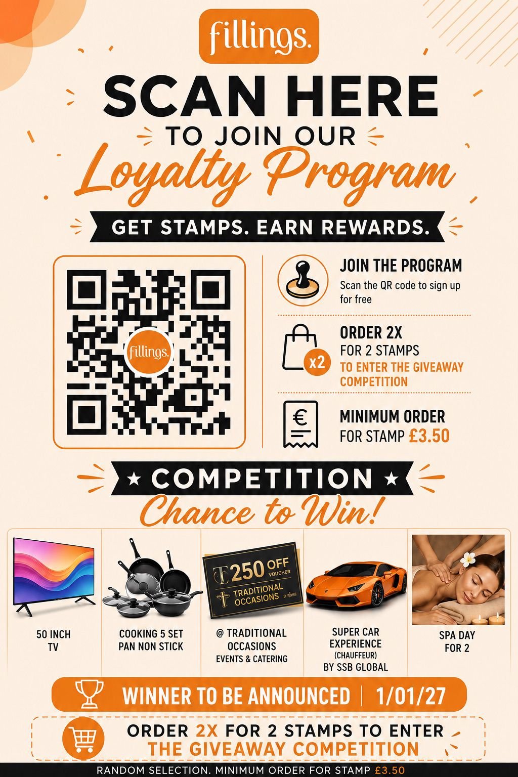 Scan to join the Fillings loyalty program: get stamps, earn rewards and enter the giveaway competition